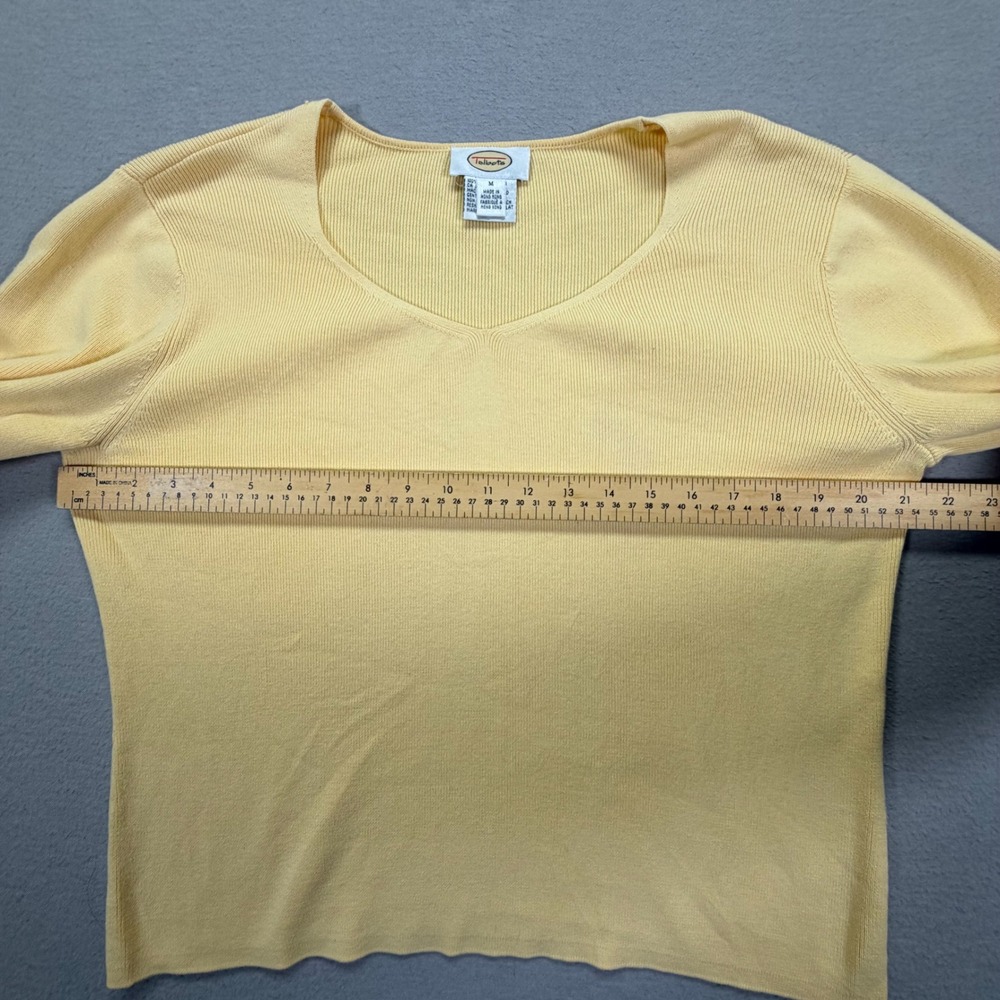Talbots Ribbed Sweater Womens Medium Good Yellow 100% Cotton V-Neck 3/4 Sleeve - Picture 3 of 7